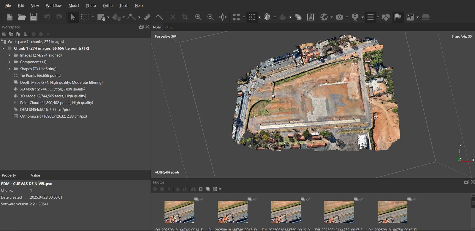 processamento-agisoft-metashape-curso-drone Projeto processado no Agisoft Metashape com 274 imagens, nuvem de 44,8 milhões de pontos e ortomosaico a 2,88 cm por pixel